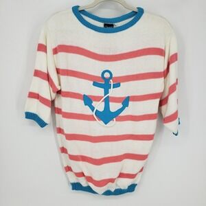 Vintage Nautical Anchor Striped Knit Sweater Womens S Short Sleeve Crew Neck Top